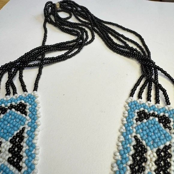 Gorgeous beaded necklace in blue, black, and white - Picture 3 of 4